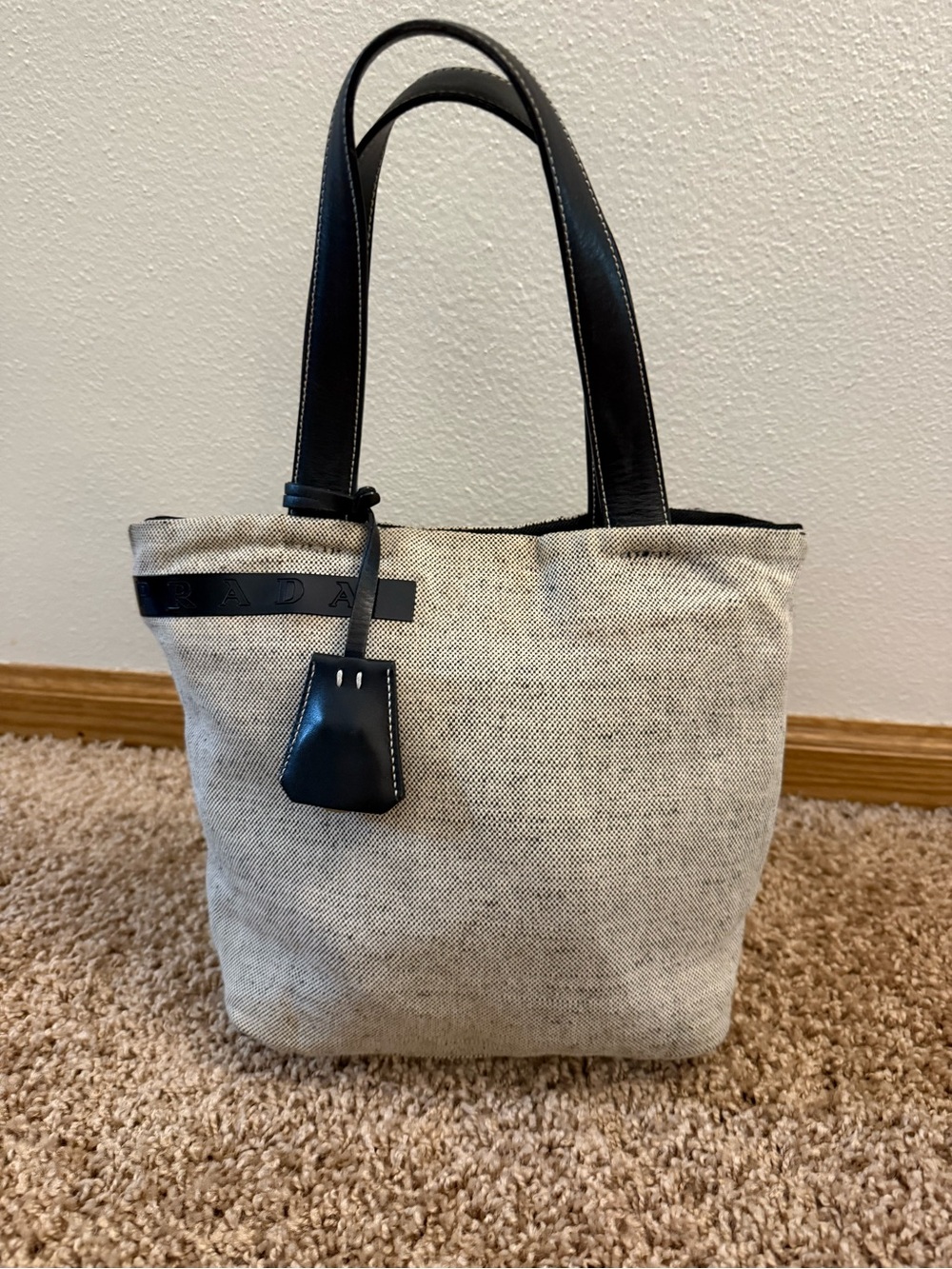 Prada Beige Canvas Tote with Black Leather Handles